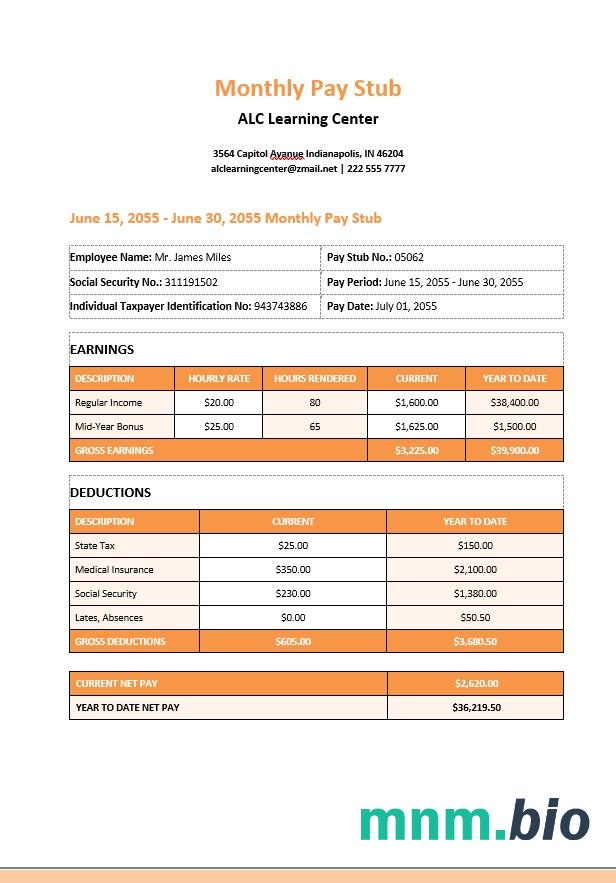 Centrum Edukacyjne miesięczny Paystub Word i szablon PDF